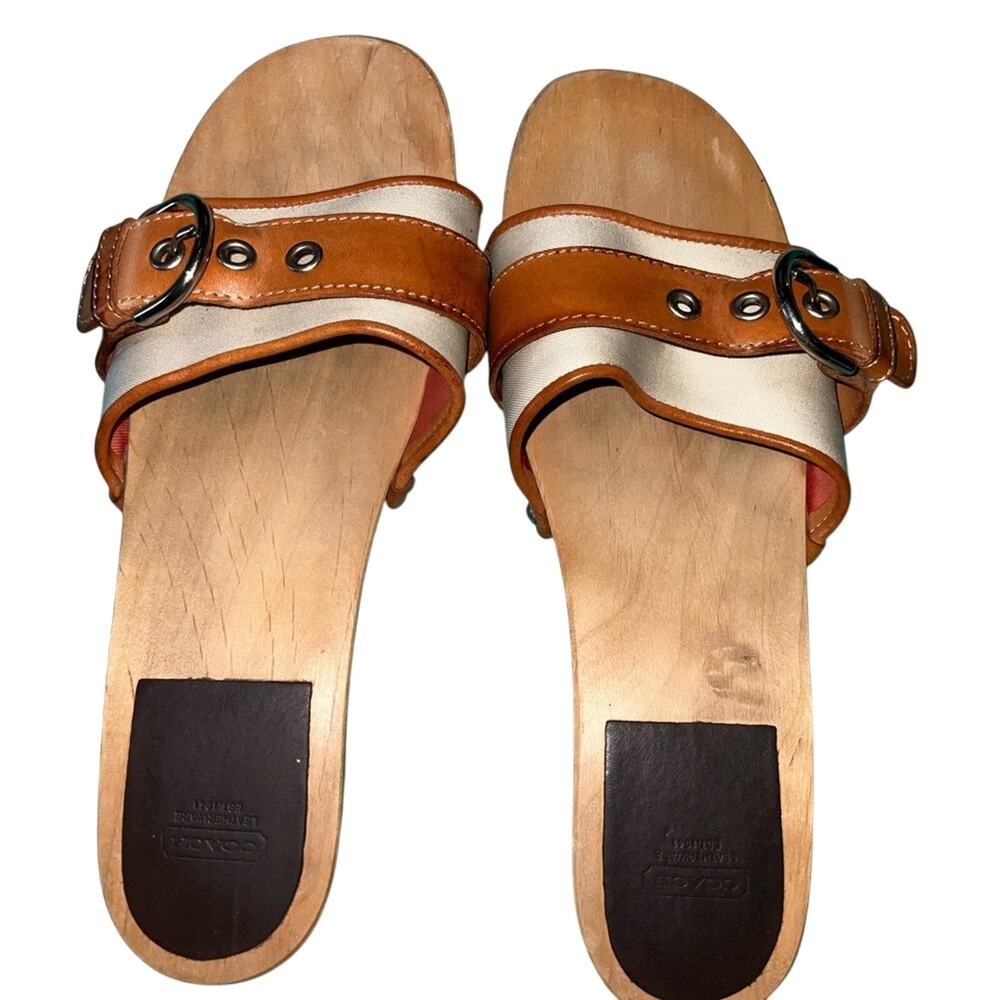 Coach Elle Buckle Clog Sandal Sz 8 VGUC British Tan Coastal Grandma Old Money
